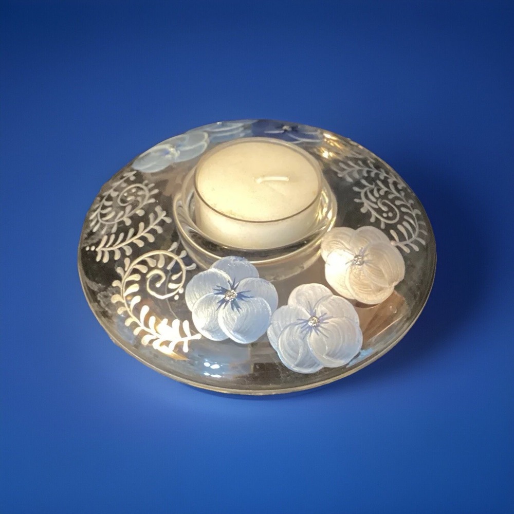 Vtg Glass Votive Candle Holder‎ Hand Painted Madiggan Australia Gorgeous Blue